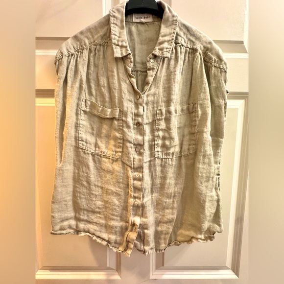BELLA DAHL EUC Sz L 100% Linen Flowy Pocket Button Down Shirt, Tan - Picture 4 of 5
